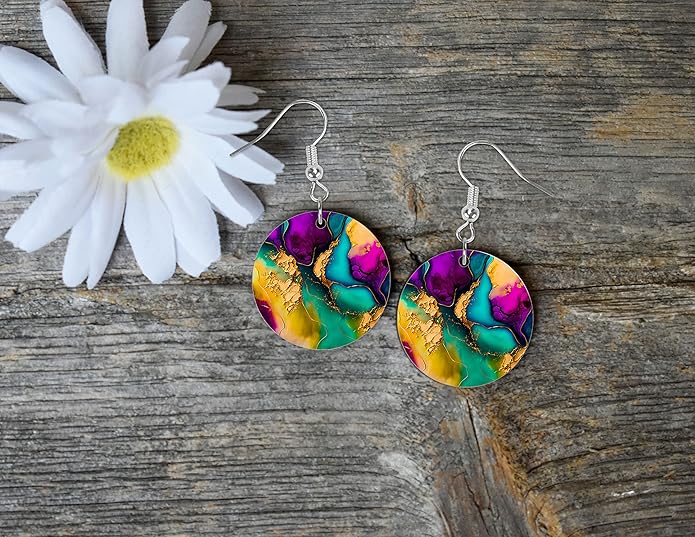 Round Wood Earrings Light Weight Printed Image Dangle Jewelry