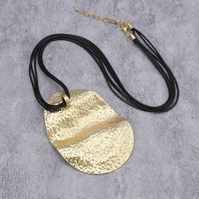 GelConnie Leather Necklace for Women Large Pendant Long Brown Necklace Circle Leather Choker Vintage Sweater Necklace Gold Chunky Boho Necklaces for Women