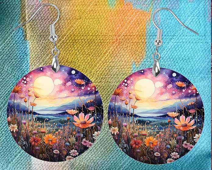 Round Wood Earrings Light Weight Printed Image Dangle Jewelry
