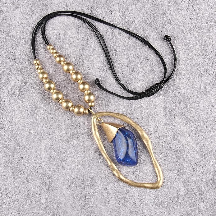 GelConnie Leather Necklace for Women Large Pendant Long Brown Necklace Circle Leather Choker Vintage Sweater Necklace Gold Chunky Boho Necklaces for Women