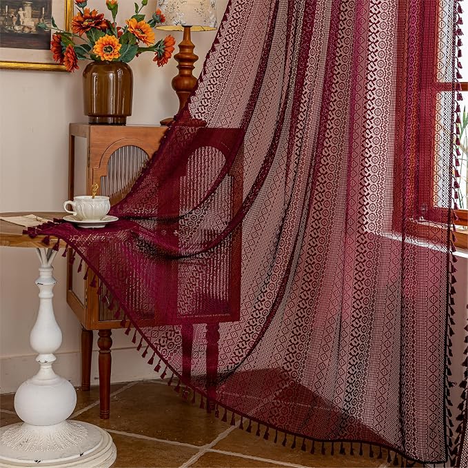 Sutuo Home Burgundy Boho Sheer Curtains 84 inches Long 2 Panels - Image 8