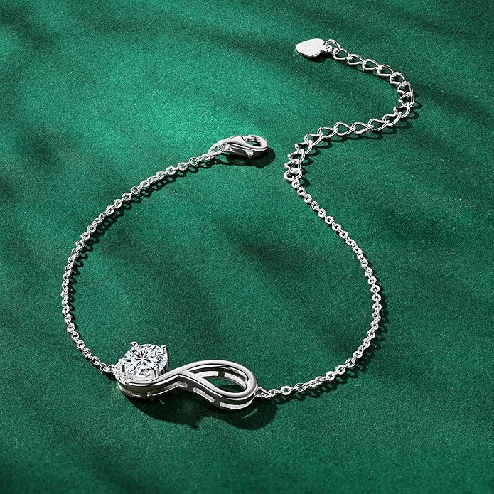 1ct Moissanite Infinity Bracelet, D Color VVS1 925 Sterling Silver Link Bracelet, Adjustable Chain for Women Wife Mom Birthday Jewelry Gifts