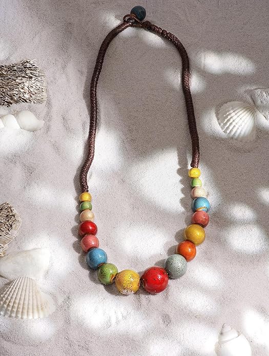 MINACHI Hippie Boho Colorful Ceramic Round Beads Strand Necklace, Bohemian Fashion Statement Jewelry Gift for Women