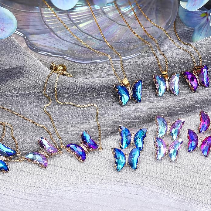 MISS RIGHT Butterfly Crystal Jewelry Set with Butterfly Necklace Stud Earrings Bolo Bracelet Adjustable Ring for Women Trendy, Iridescent Y2K Dainty Butterfly Jewelry Gifts