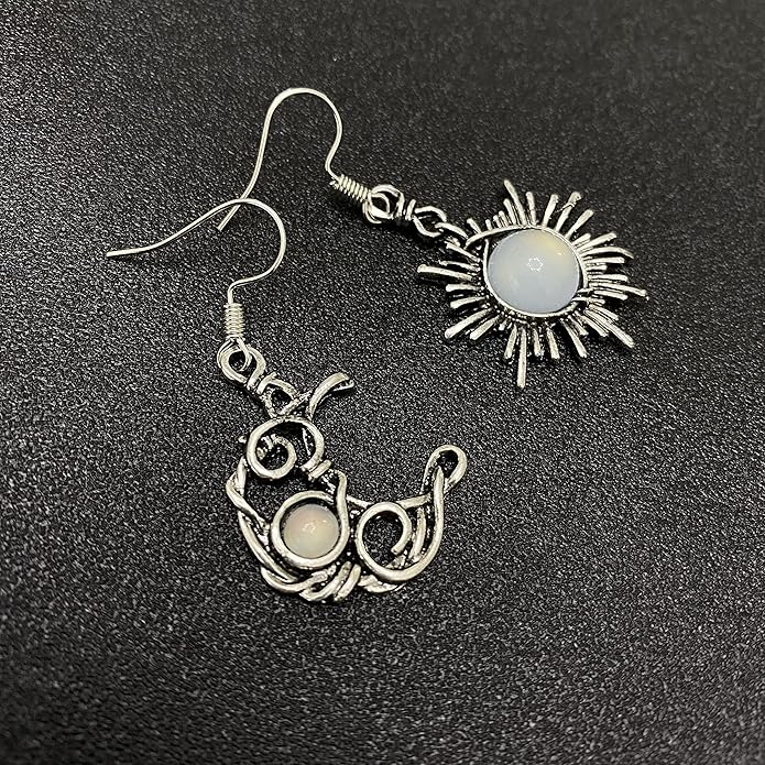 ANDPAI Unique Chic Abstract Hollow Black Vintage Silver Asymmetry Moon Star Sun Dangle Drop Earrings Black Moonstone Moon Hypoallergenic Earrings for Women Statement Jewelry Gifts
