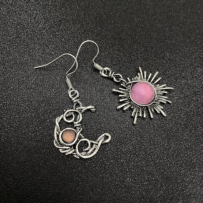 ANDPAI Unique Chic Abstract Hollow Black Vintage Silver Asymmetry Moon Star Sun Dangle Drop Earrings Black Moonstone Moon Hypoallergenic Earrings for Women Statement Jewelry Gifts
