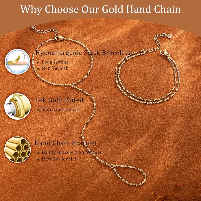 CHESKY 14K Gold Plated Hand Chain Bracelets for Women Set - Dainty Finger Ring Bracelet Stack Adjustable Hand Chains Durable Beaded Bracelets Trendy Simple Body Jewelry Gift for Women