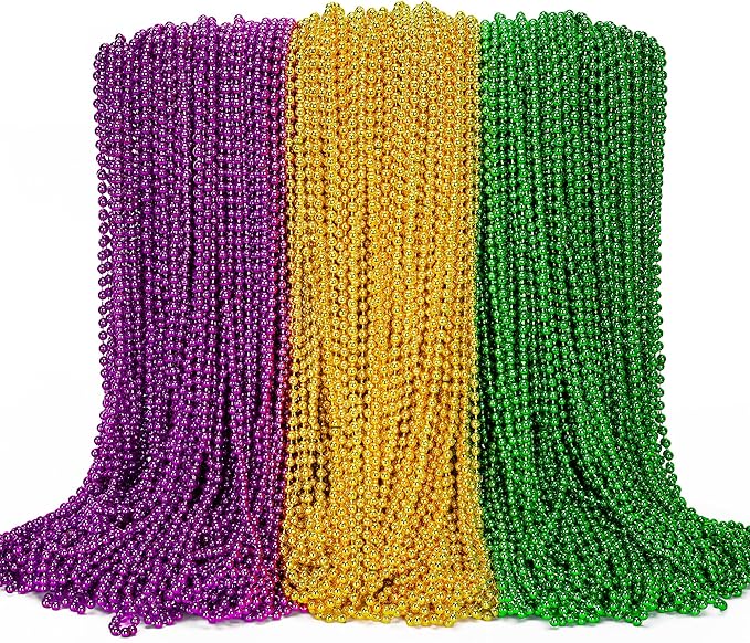 144PCS Mardi Gras Beads, Mardi Gras Green Purple Gold Metallic Necklaces Accessories Bulk, Mardi Gras Beads Necklace Costumes for Parade Throws Party Decorations Favor Supplies