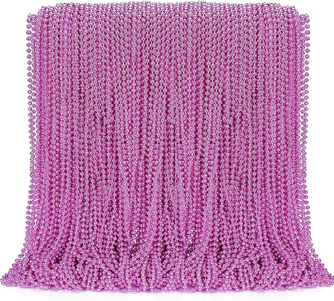 144PCS Bead Necklace, Metallic Pink Mardi Gras Rose Necklaces Bulk, 33" Mardi Gras Round Beaded Necklace Stuff, Festival Parade Throw Accessories Wedding Gender Reveal Party Supplies Decor