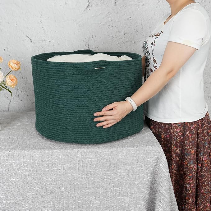XUANGUO Extra Large Cotton Rope Round Storage Basket 22" x 14" Dark Green | - Image 3