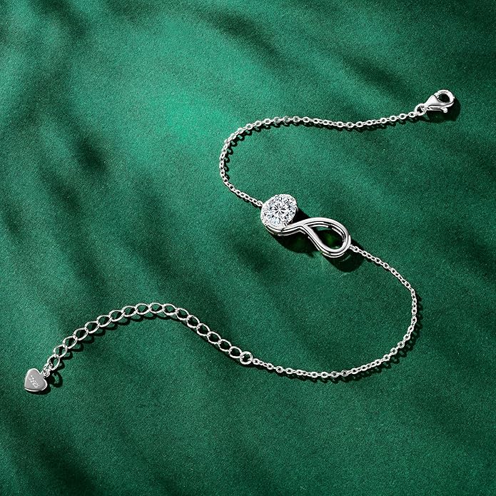 1ct Moissanite Infinity Bracelet, D Color VVS1 925 Sterling Silver Link Bracelet, Adjustable Chain for Women Wife Mom Birthday Jewelry Gifts