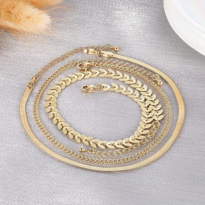 MIDEEO Gold/Silver Ankle Bracelets for Women,14K Gold Anklets for Women Waterproof Cuban Link Heart Beads Herringbone Rhinestone Anklets Set Layered Anklet Bracelets for Women Gold Jewelry Gift