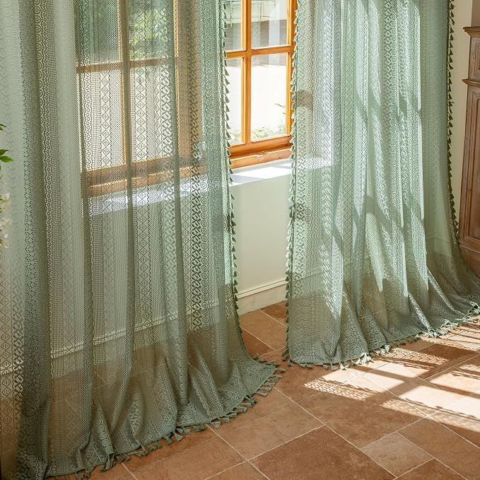 Sutuo Home Green Boho Lace Sheer Curtains 2 Panels by SutuoHome