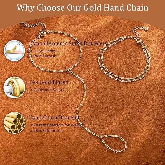 CHESKY 14K Gold Plated Hand Chain Bracelets for Women Set - Dainty Finger Ring Bracelet Stack Adjustable Hand Chains Durable Beaded Bracelets Trendy Simple Body Jewelry Gift for Women