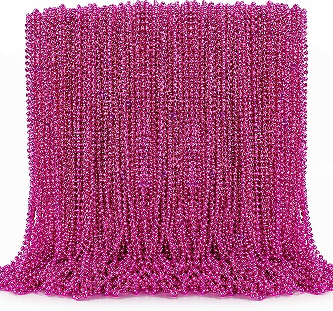 144PCS Bead Necklace, Mardi Gras Pink Bead Necklaces Party Favors, Metallic 33" Mardi Gras Round Beaded Necklace Stuff, Festival Parade Throw Accessories for Wedding Gender Reveal Party Supplies Decor