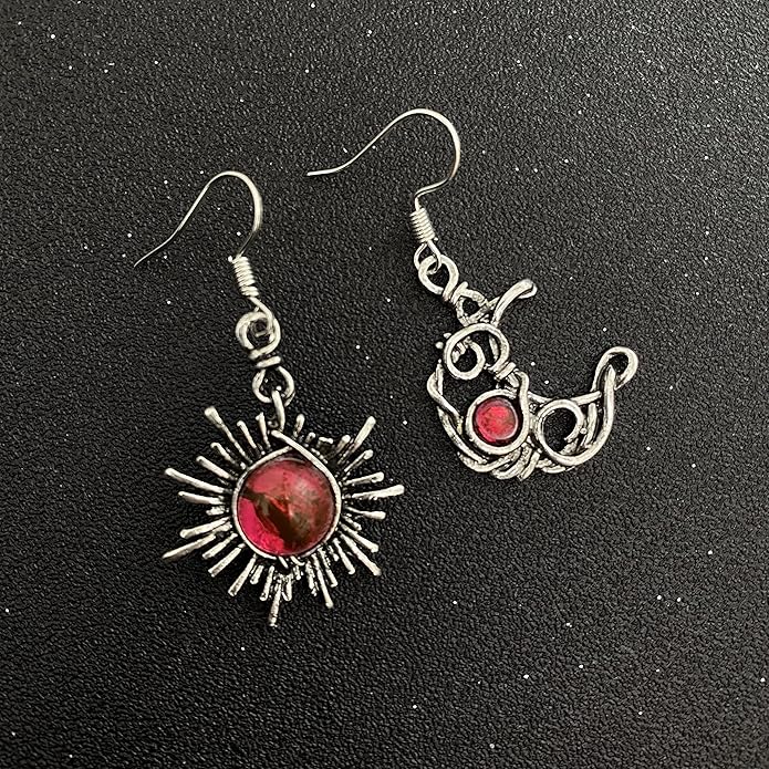 ANDPAI Unique Chic Abstract Hollow Black Vintage Silver Asymmetry Moon Star Sun Dangle Drop Earrings Black Moonstone Moon Hypoallergenic Earrings for Women Statement Jewelry Gifts
