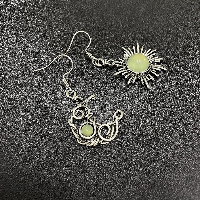 ANDPAI Unique Chic Abstract Hollow Black Vintage Silver Asymmetry Moon Star Sun Dangle Drop Earrings Black Moonstone Moon Hypoallergenic Earrings for Women Statement Jewelry Gifts