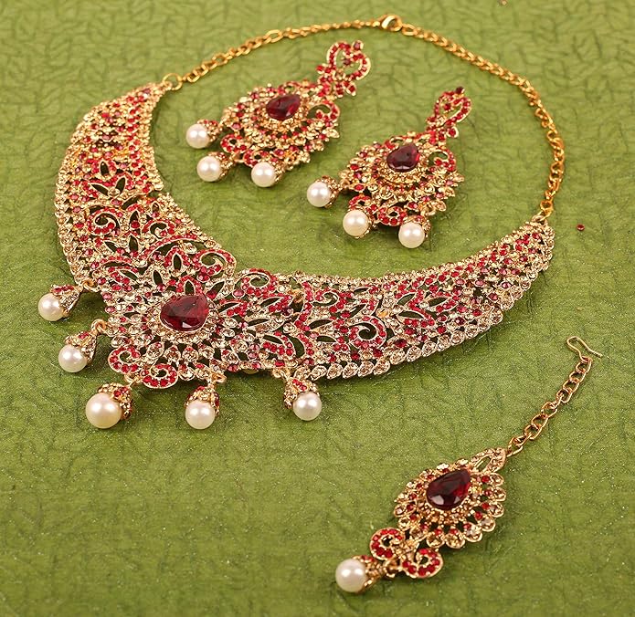 Touchstone Indian jewelry sets for women tikka wedding necklace costume guest statement bollywood rhinestones crystal faux pearls gold big royal neck piece set bridal fashion accessories