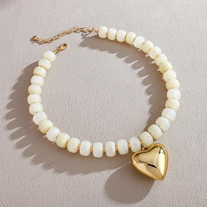 WOWORAMA Chunky Heart Necklaces for Women Colorful Resin Beaded Choker Necklace Gold Puffy Heart Statement Necklace Trendy Acrylic Choker Jewelry