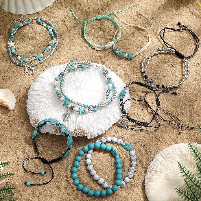 FASACCO 10 PCS Turtle Ankle Bracelets for Women Waterproof Handmade Starfish Sea Turtle Bracelet Adjustable Boho Summer Beach Bracelets for Women Men Bahamas Souvenirs