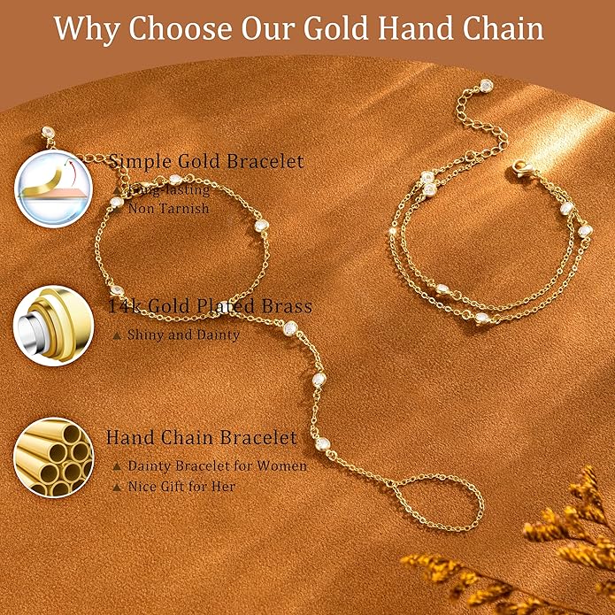 CHESKY 14K Gold Plated Hand Chain Bracelets for Women Set - Dainty Finger Ring Bracelet Stack Adjustable Hand Chains Durable Beaded Bracelets Trendy Simple Body Jewelry Gift for Women