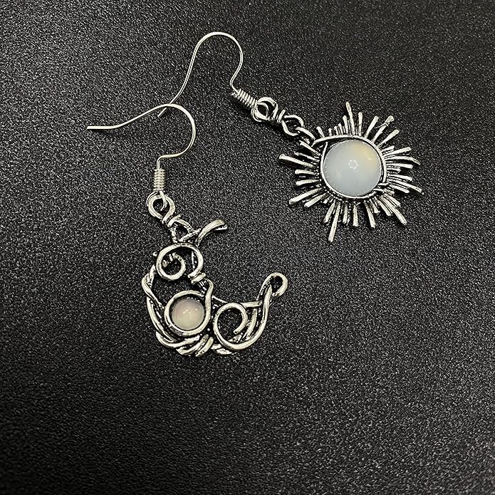 ANDPAI Unique Chic Abstract Hollow Black Vintage Silver Asymmetry Moon Star Sun Dangle Drop Earrings Black Moonstone Moon Hypoallergenic Earrings for Women Statement Jewelry Gifts