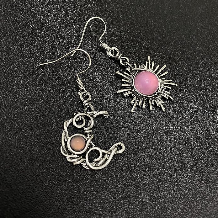 ANDPAI Unique Chic Abstract Hollow Black Vintage Silver Asymmetry Moon Star Sun Dangle Drop Earrings Black Moonstone Moon Hypoallergenic Earrings for Women Statement Jewelry Gifts