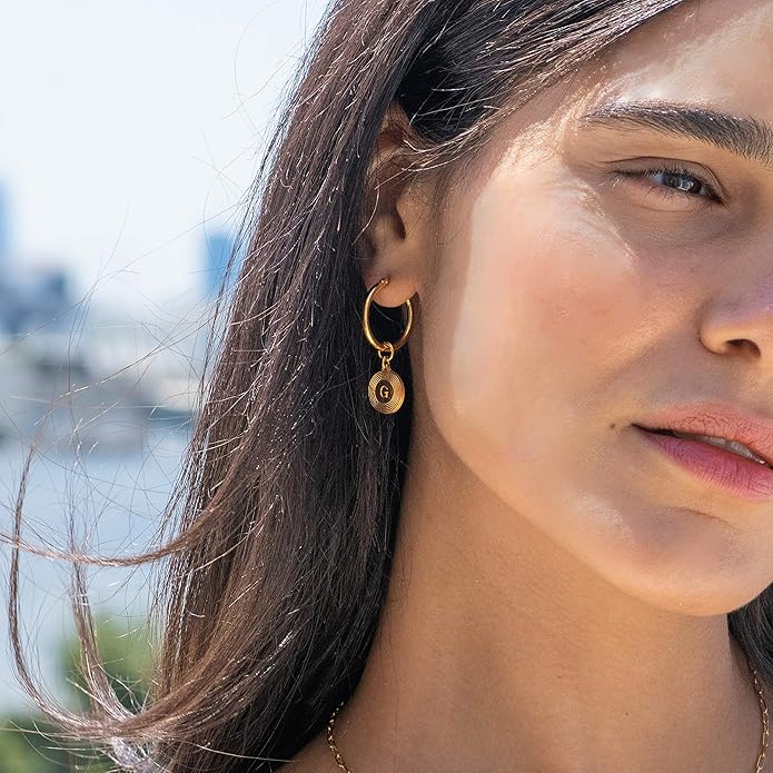 MyNameNecklace Personalized Odeion Initial Round Disc Shape Charm Hoop Earrings in Sterling Silver 925/ Gold Plating- Classic Delicate Jewelry Gift