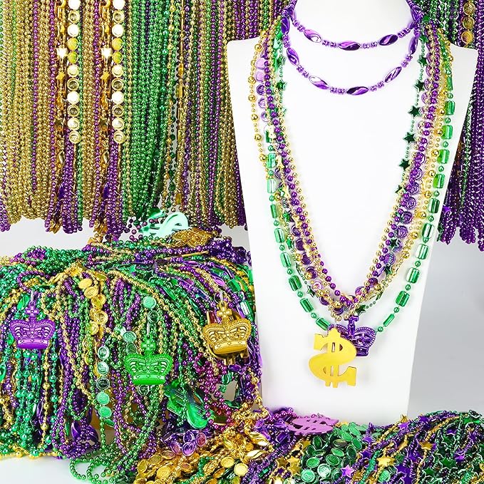 2000PCS Mardi Gras Beads Bulk, 9 Styles Purple Gold Green Mardi Gras Beads Necklaces Assortment, Coin Crown Mask Dollar Metallic Beaded Accessories for Mardi Gras Decorations Throws Party Favors