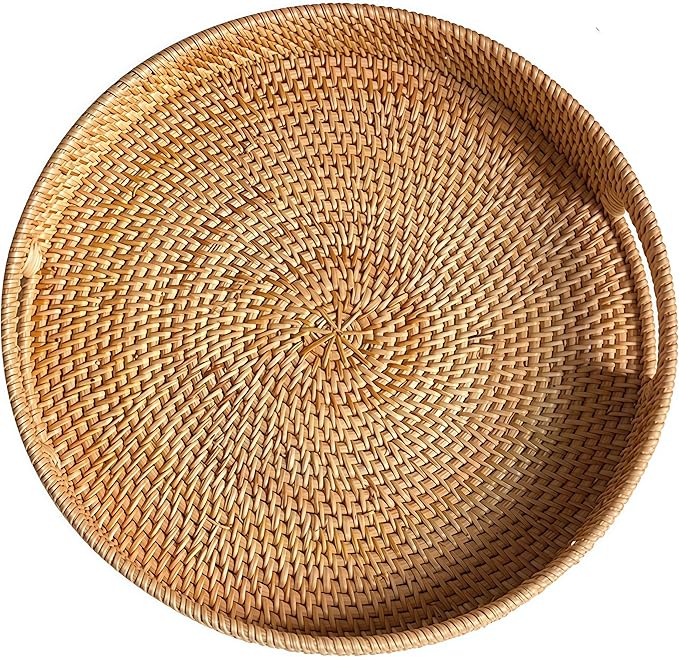 14" Round Rattan Tray, Hand Woven Serving Tray by XIMISISE