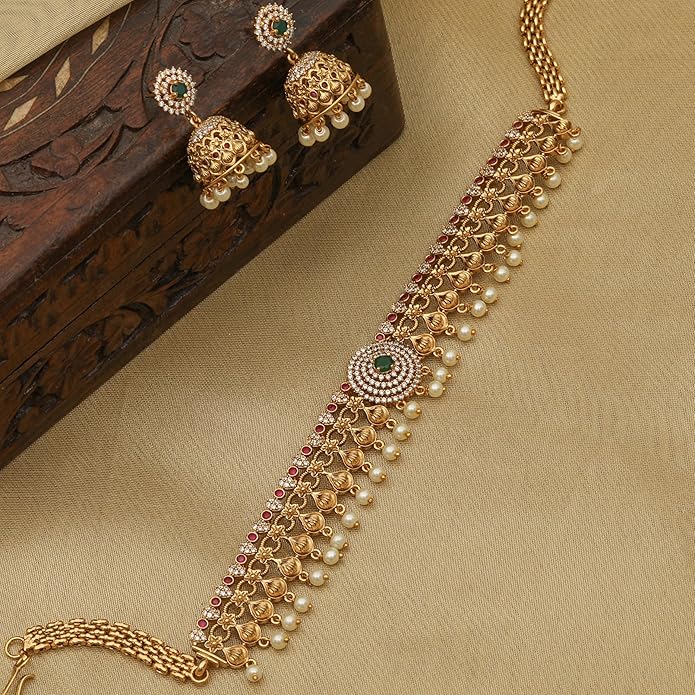 TARINIKA Brass Indian Choker Necklace Set - Gold Plated Cubic Zirconia Indian Jewelry Sets for Women Dangle, Drop, Jhumka Earrings Traditional Desi Necklace Pearls Gift for her