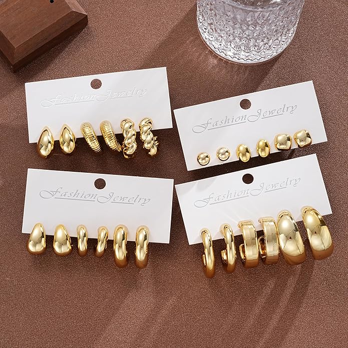 12 Pairs Chunky Gold Hoop Earrings for Women Trendy, Gold Plated Lightweight Hypoallergenic Stack, Thick Open Twisted Huggie Hoops Earring Set