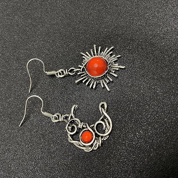ANDPAI Unique Chic Abstract Hollow Black Vintage Silver Asymmetry Moon Star Sun Dangle Drop Earrings Black Moonstone Moon Hypoallergenic Earrings for Women Statement Jewelry Gifts