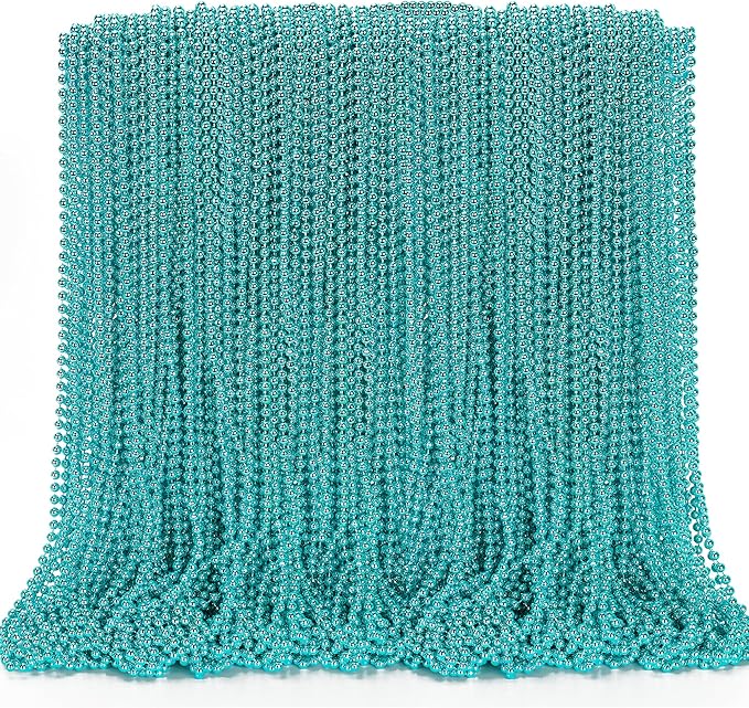 144PCS Mardi Gras Beads, Lake Blue Mardi Gras Rose Necklaces Bulk, Metallic 33" Mardi Gras Round Beaded Necklace Stuff, Festival Parade Throw Accessories Wedding Gender Reveal Party Supplies Decor
