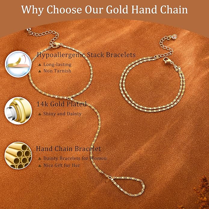 CHESKY 14K Gold Plated Hand Chain Bracelets for Women Set - Dainty Finger Ring Bracelet Stack Adjustable Hand Chains Durable Beaded Bracelets Trendy Simple Body Jewelry Gift for Women