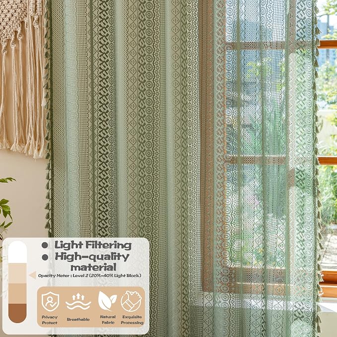 Sutuo Home Sage Green Boho Sheer Window Curtains 72 Inch Long 2 Panels | Lace - Image 4