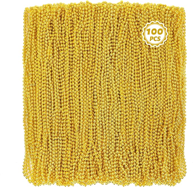 100 PCS Mardi Gras Beads, 33" Gold Beads Necklaces, St Patricks Day Beads Necklaces Bulk, Round Beaded Parade Throw Accessories Set, Gold Beads for Carnival Party Supplies