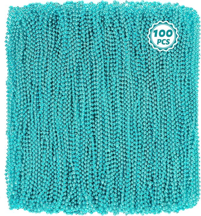 100 PCS Lakeblue Beads Necklaces, 33" Round Beads Bulk, Mardi Gras Parade Accessories, Costume Necklaces for Parade Throws Accessories Decorations Festive Event Gender Reveal Party Supplies