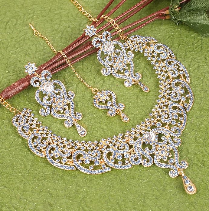 Touchstone Indian jewelry set for women bollywood gold jewellery wedding outfits necklace sets earrings bridal maang tikka fancy costume girls big desi accessories rhinestone in gold or silver tone