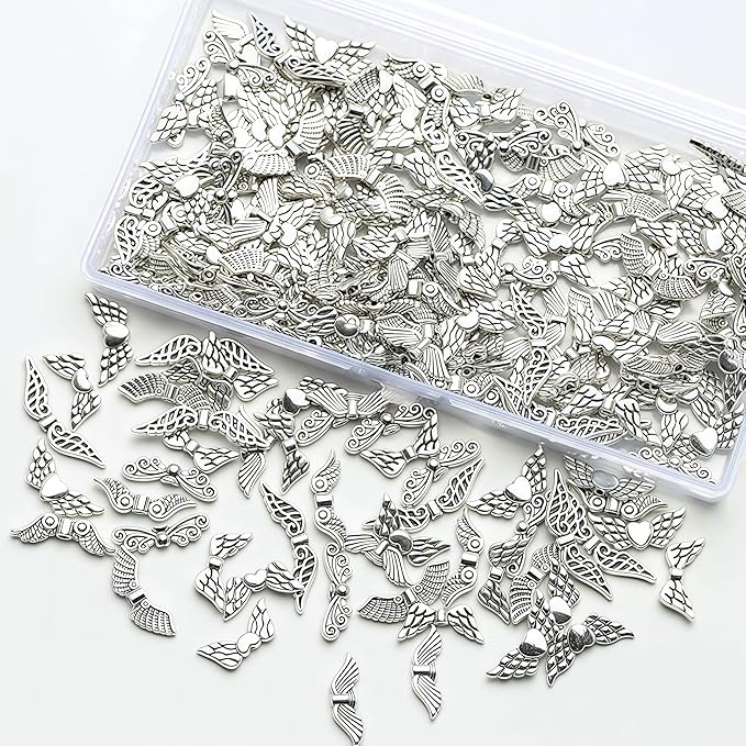 Dahi 200pcs Angel Wing Beads Tibetan Alloy Fairy Wing Charms Wings Spacer Loose Beads Silver Wings Beads for Jewelry Making-DIY Bracelets Earrings Supplies