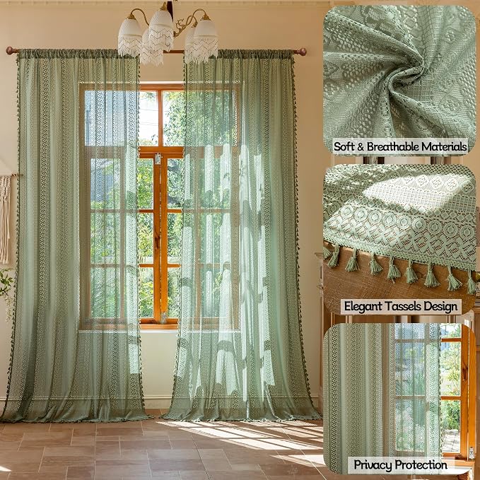 Sutuo Home Green Boho Lace Sheer Curtains 2 Panels - Image 2