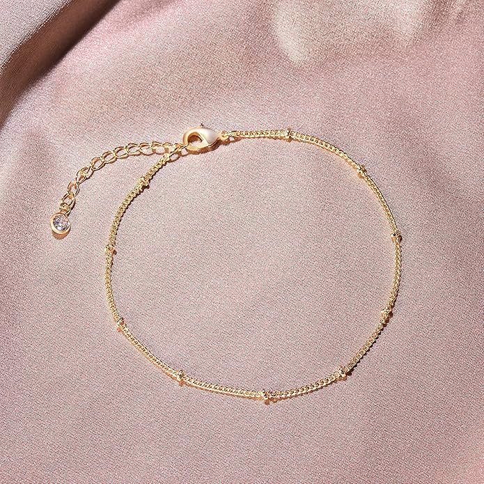 Dainty Layered Gold Chain Bracelet for Women 14K Gold Plated Handmade Adjustable Bracelet Satellite Beads Oval Mariner Figaro Link Chain Bracelets Minimalist Layering Stacking Jewelry Gift for Women
