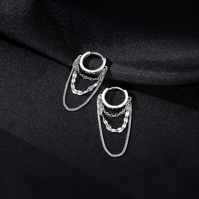 Reffeer Solid 925 Sterling Silver Chain Drop Earrings Hoop for Women Teens Hoop Earrings Tassel Chain Huggie Dangle Earrings