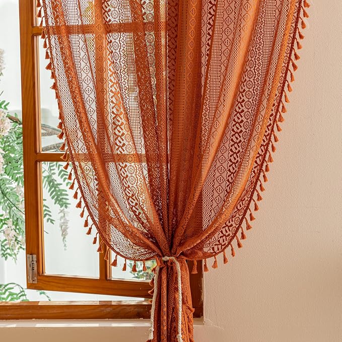 Sutuo Home Terracotta Boho Lace Curtains 2 Panels 84 Inches Long - Image 8