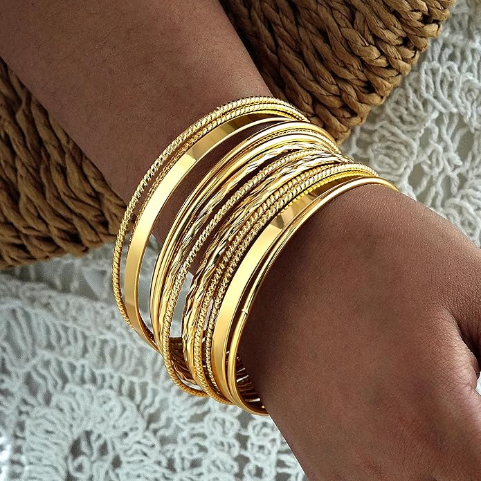 ÌF ME Gold Bangle Bracelets for Women, Indian Bangles Stackable Set, Multi Layer Textured 14K Gold Plated Chunky Bracelets Boho Jewelrys Set