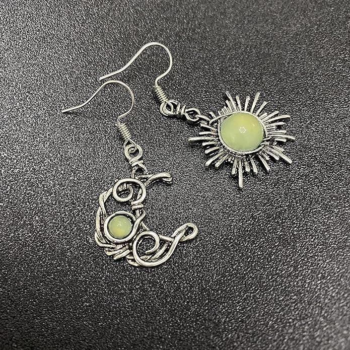 ANDPAI Unique Chic Abstract Hollow Black Vintage Silver Asymmetry Moon Star Sun Dangle Drop Earrings Black Moonstone Moon Hypoallergenic Earrings for Women Statement Jewelry Gifts