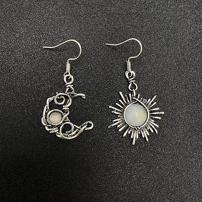 ANDPAI Unique Chic Abstract Hollow Black Vintage Silver Asymmetry Moon Star Sun Dangle Drop Earrings Black Moonstone Moon Hypoallergenic Earrings for Women Statement Jewelry Gifts